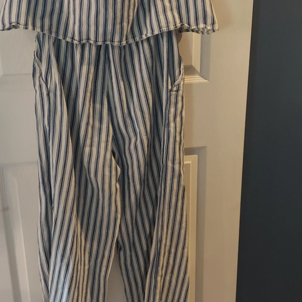 Madewell Blue & White Striped Cold Shoulder Cropped Jumpsuit